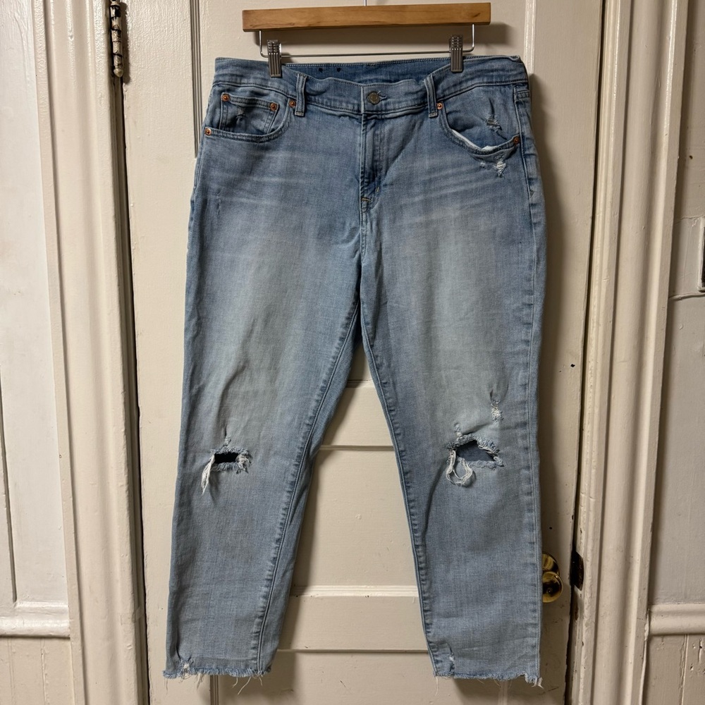GAP Girlfriend Mid Rise Distressed Jeans in Light Indigo Size 14